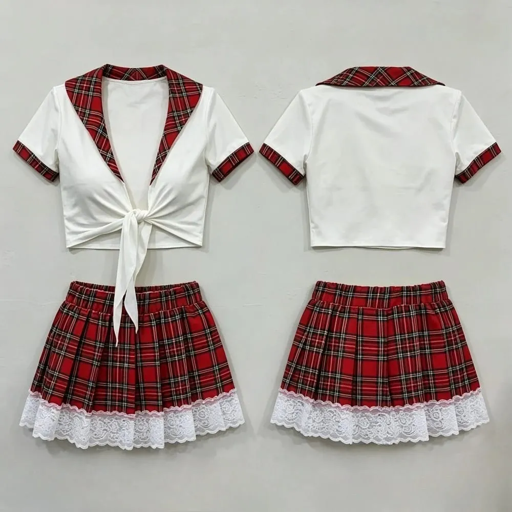 Schoolgirl Cosplay Lingerie Set Red Plaid Tie Front Crop Top Lace Trim Mini Skirt Outfit