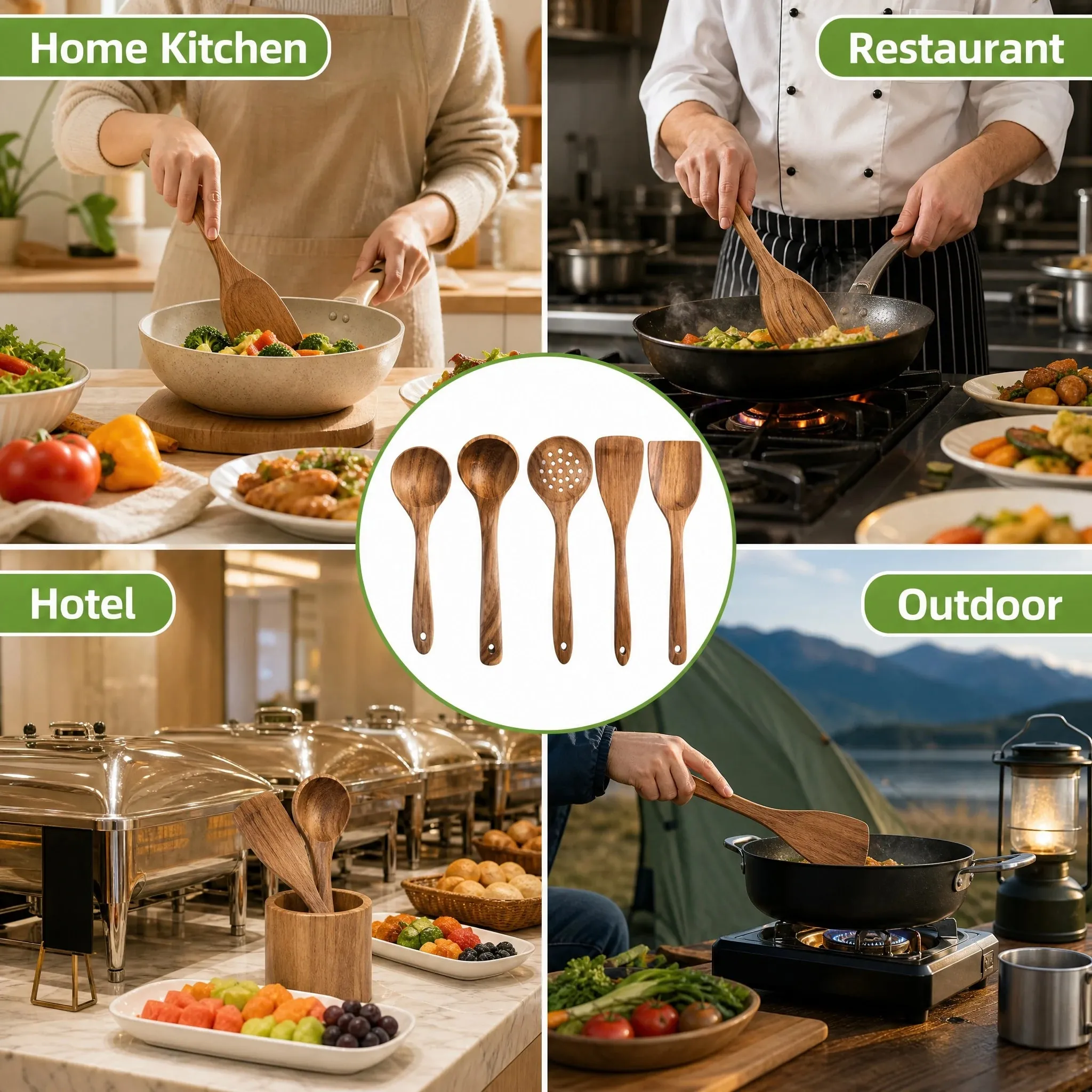 5pcs Wooden Utensil Set with Hanging Holes Food Grade Spoons and Spatula 24-33.7cm Non-Toxic Smooth Kitchen Tools for Cooking