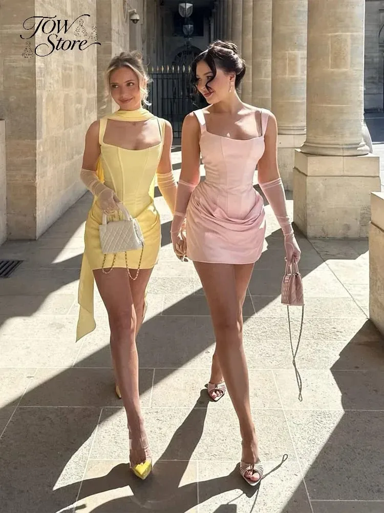 Square-neck Halter Mini Dress Women Sexy Pleated Sleeveless Backless High Waist Bodycon Dresses 2026 Women's Summer Party Robes
