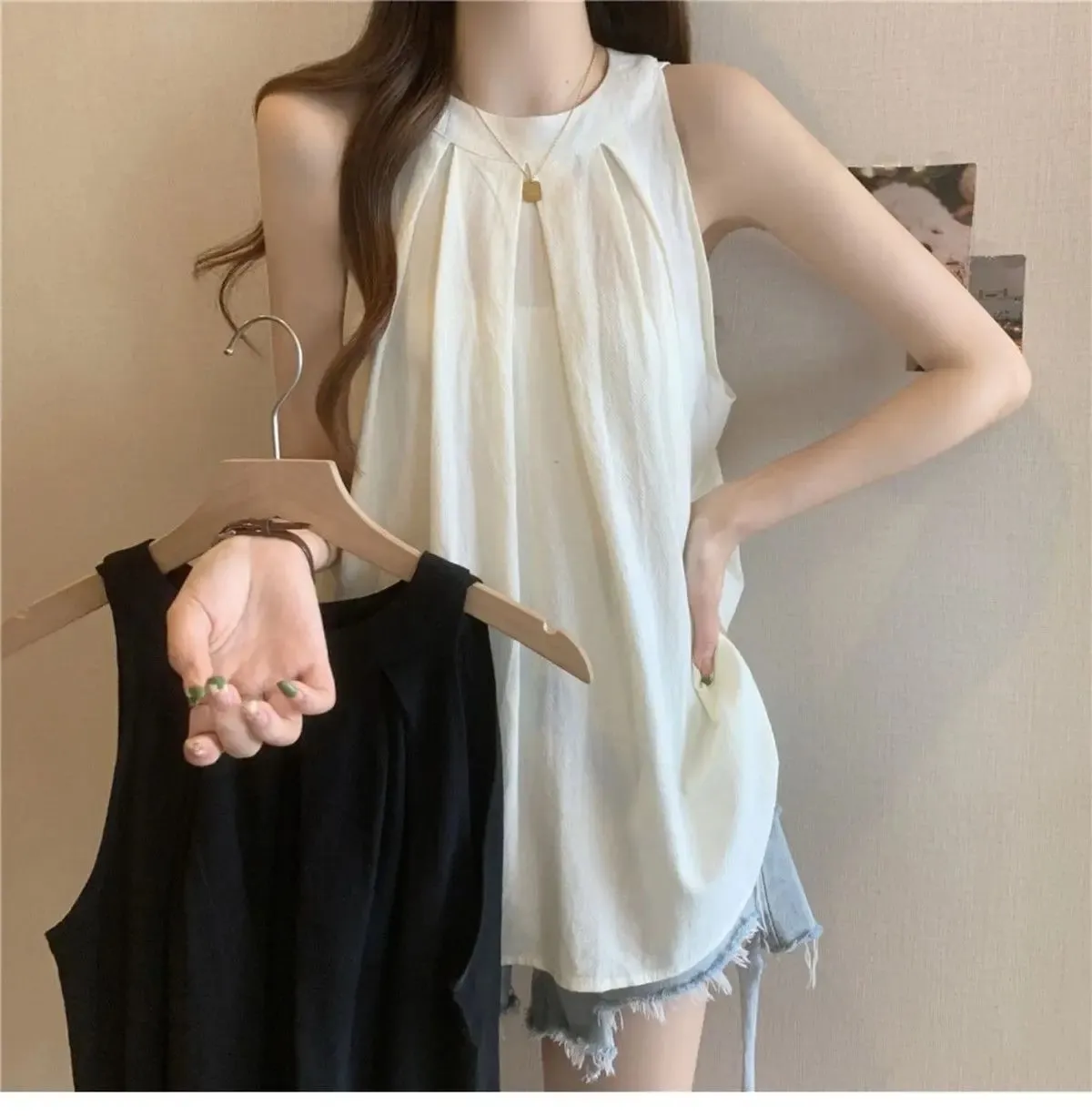 Magliette coreane larghe senza maniche con spalle scoperte Magliette Abbigliamento donna Nuova semplicità Magliette casual da strada per giovani Dolce tendenza estiva