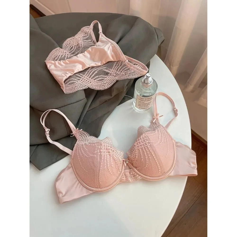 Ladies 2 Pieces Lace Underwear Suit Pure Desire Deep V Low Neck Thin Strap Soft Underwire Push Up Bra Briefs Sexy Lingerie 32‑38