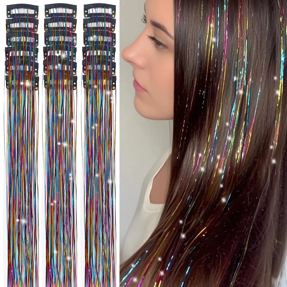 Sambungan Rambut Tinsel Berkilauan 20 Inci dengan Klip Dalam 6 Keping/Set Klip Sintetik dalam Aksesori Rambut Sparkle Fairy untuk Kanak-kanak Wanita