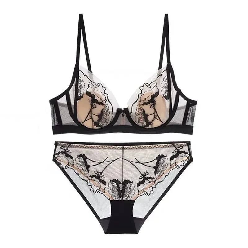 Sexy Lace Bra Set Women Thin Embroidery Floral Lingerie Female Underwear Briefs Set Daily Bra and Panty Set — image 2