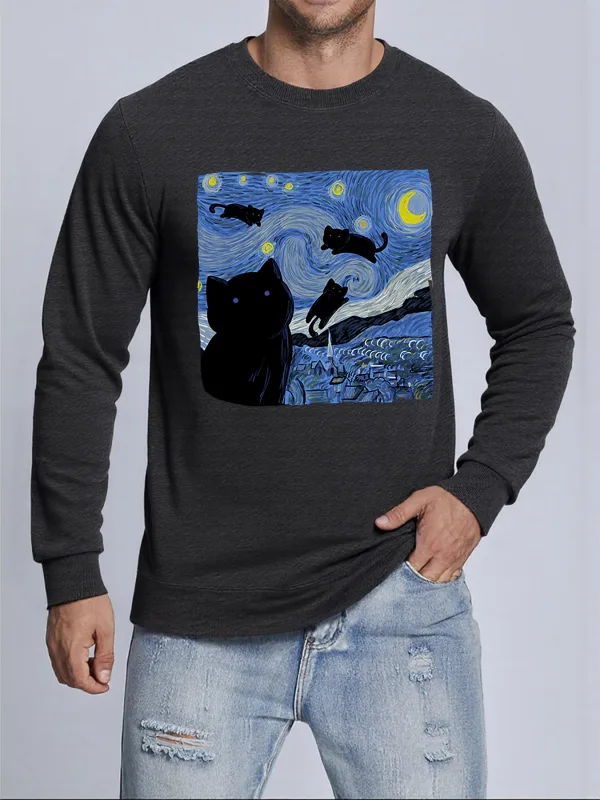 Van Gogh Starry Night Cat Printed Pullovers Unisex Thicken All-Match Sweatshirt Hip Hop Loose Hoodie Autumn Casual Sweatshirts
