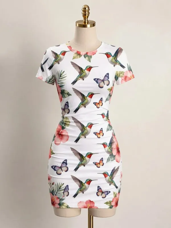 Womens Short Sleeve Bodycon Mini Dress Slim Fit Crew Neck Floral Print Casual Summer Party Cute Elegant Brunch Vacation Sundress