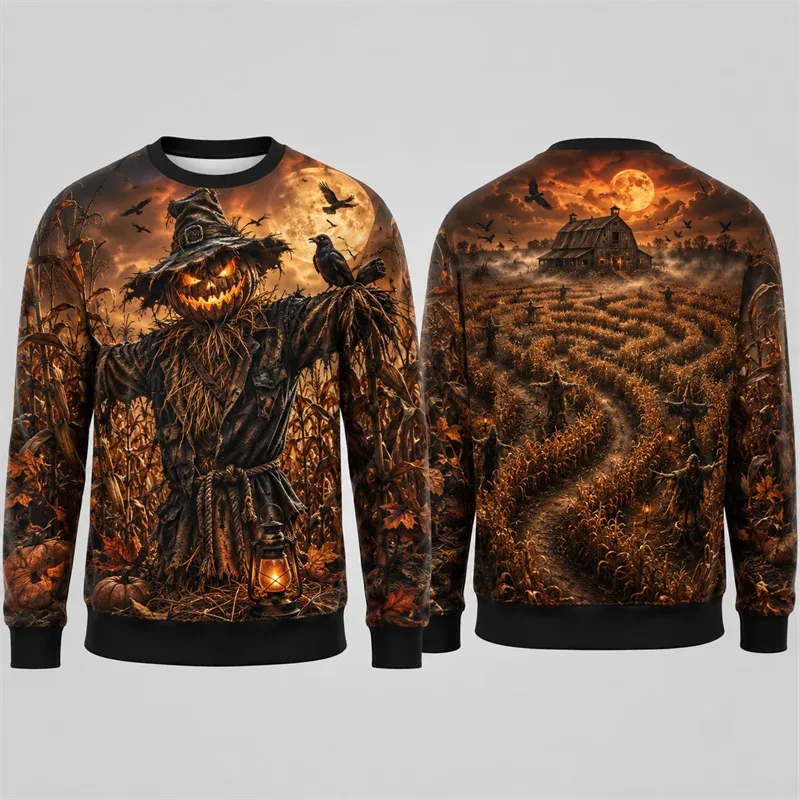 Pumpkin Ghost Graffiti Sweatshirt Halloween Mens 3D Print Polyester Crew Neck Long Sleeve Hip Hop Fashion Pullover Oversized Fit