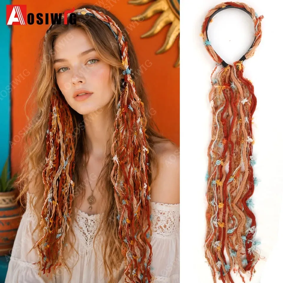 Synthetic Boho Braided Hair Extensions for Women Clip In Festival Hairpiece with Beads Feathers Hippie Hair Accessories