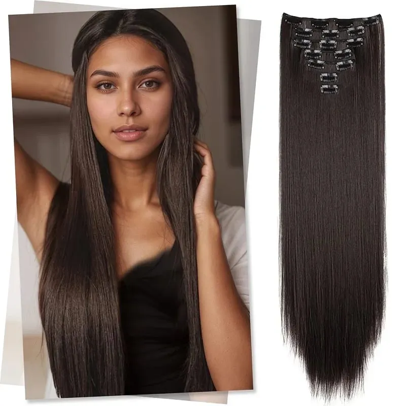 24Inch Synthetic 7pcs/set Long Straight Clip in Hair Extensions Invisible Fake Clips on Hairpieces for Women Party Daily Use