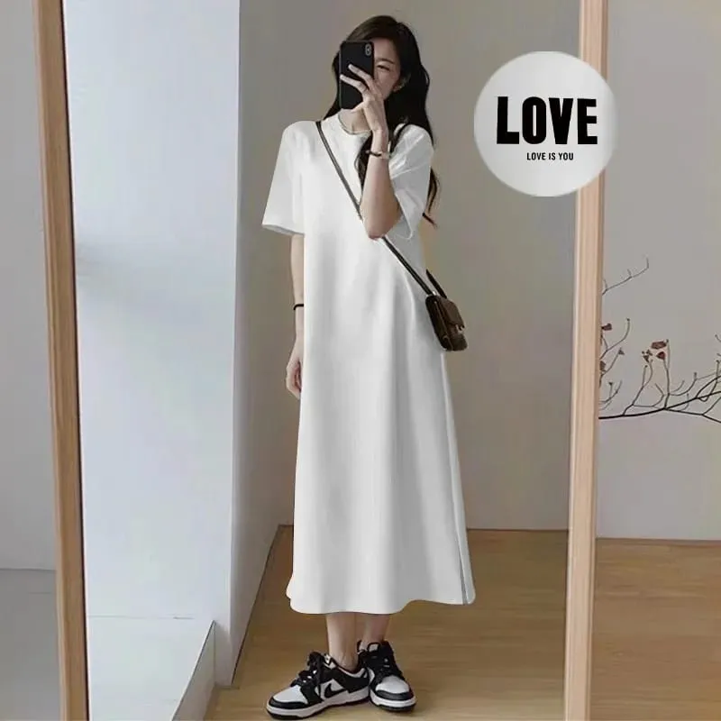 Women Plus Size LOVE Print Casual Maxi Dress Side Split Short Sleeve O-neck Loose T-shirt Dress