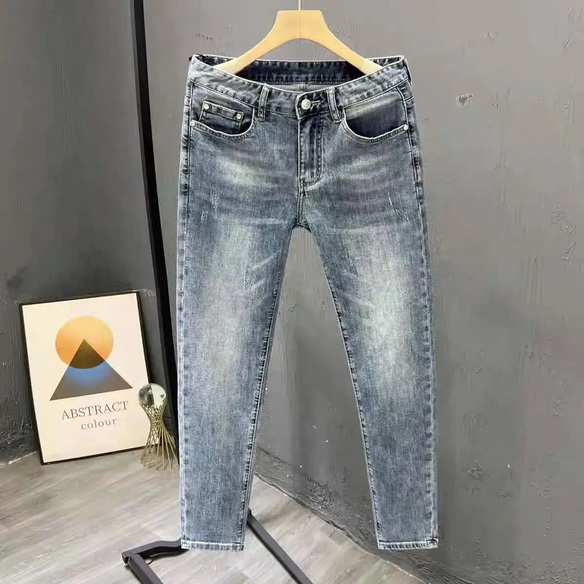 Korean Climate Lot Pants Light Luxury Trendy Brand Embossed Blue Jeans Men's Handsome Slim-fit Small Feet Elastic Trousers New