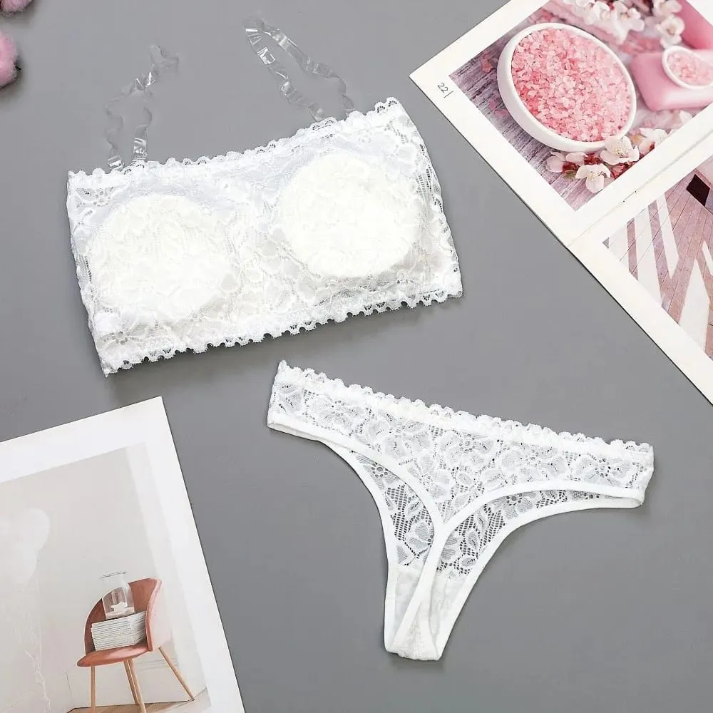 Lace Sheer Flower Thong Bra Set Invisible Straps Embroidery Floral Panties Bra Kit Transparent Lingerie Underwear for Women
