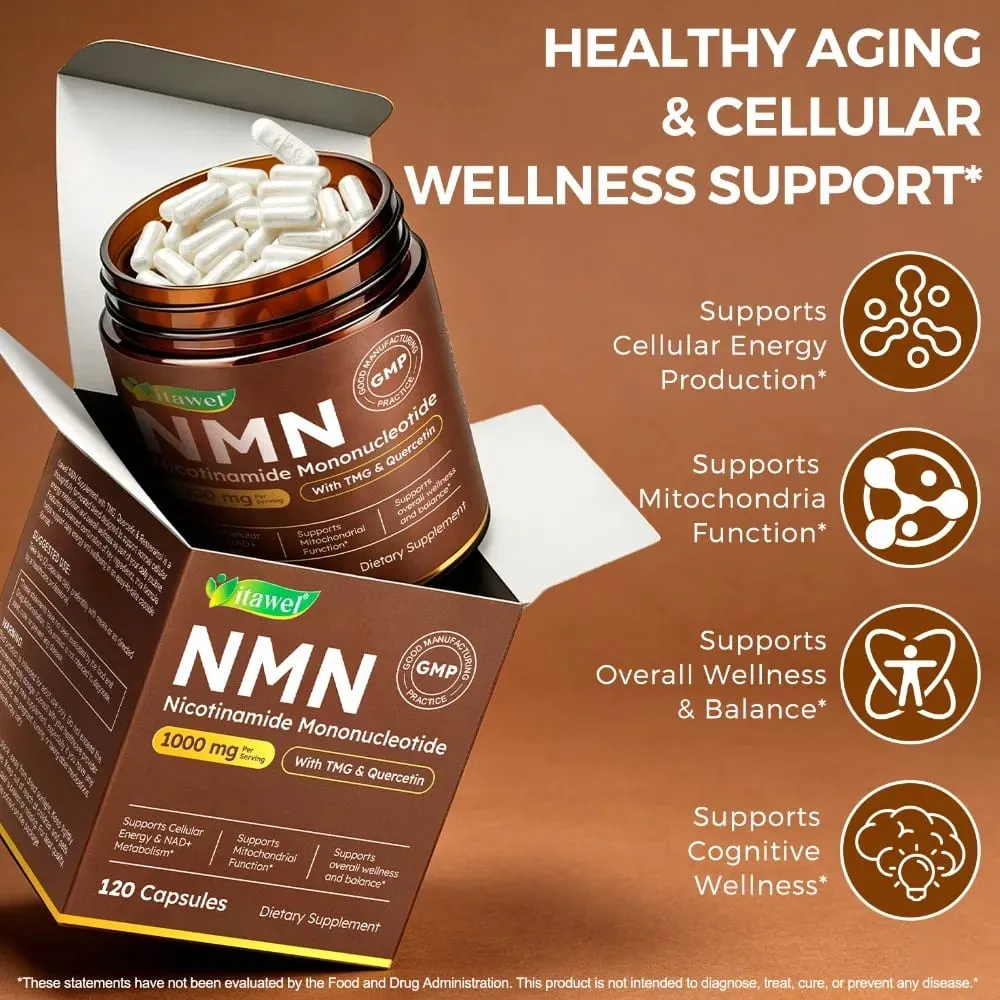 NMN Capsules 1000mg Beta Nicotinamide Mononucleotide TMG Quercetin Resveratrol NAD+ Metabolism Mitochondrial Function 120 Count