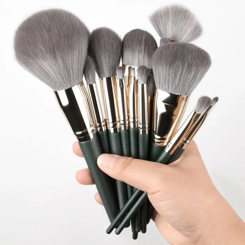 14-Piece Silver Professional Makeup Brush Set | Includes 2 Plush Velvet Puffs + 2 Blending Sponges | Vegan Cruelty-Free Brush Co
