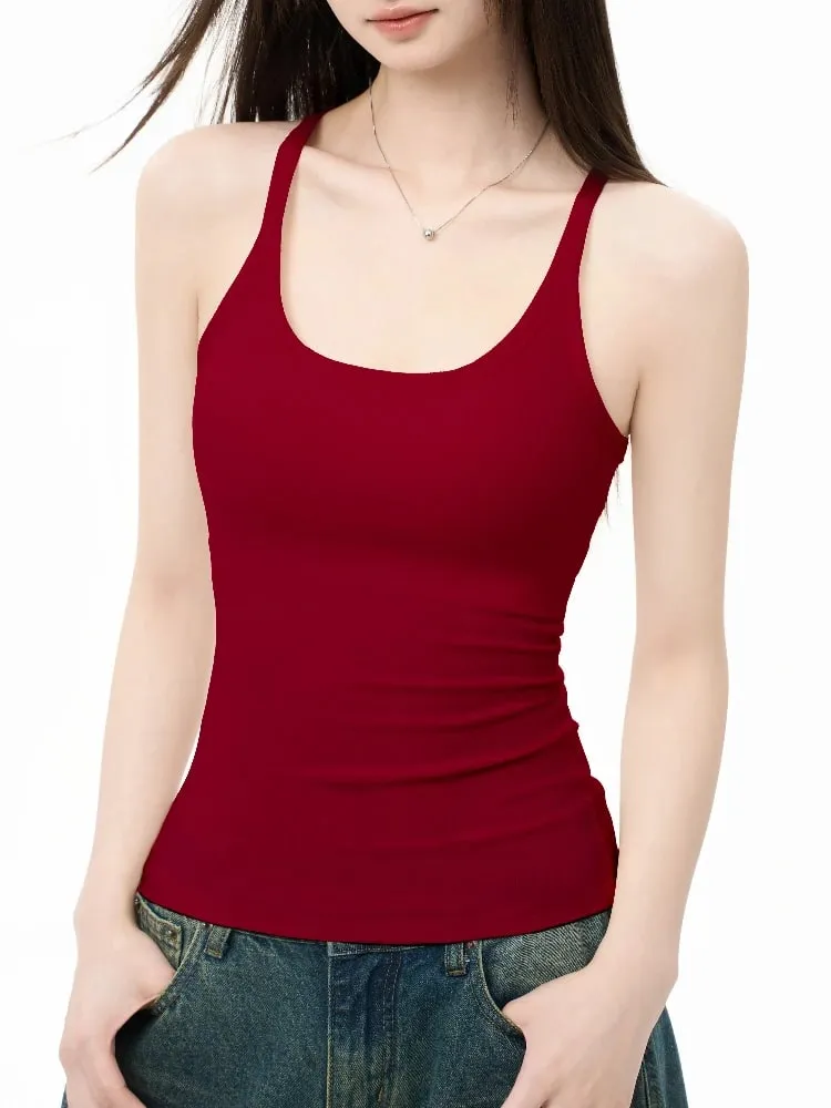 Zjaiss Elegant Knit Summer Tank Top Korean Slim Solid U Neck Women Cami Soft Ribbed Basic Layering Vest Fashion Ladies Top