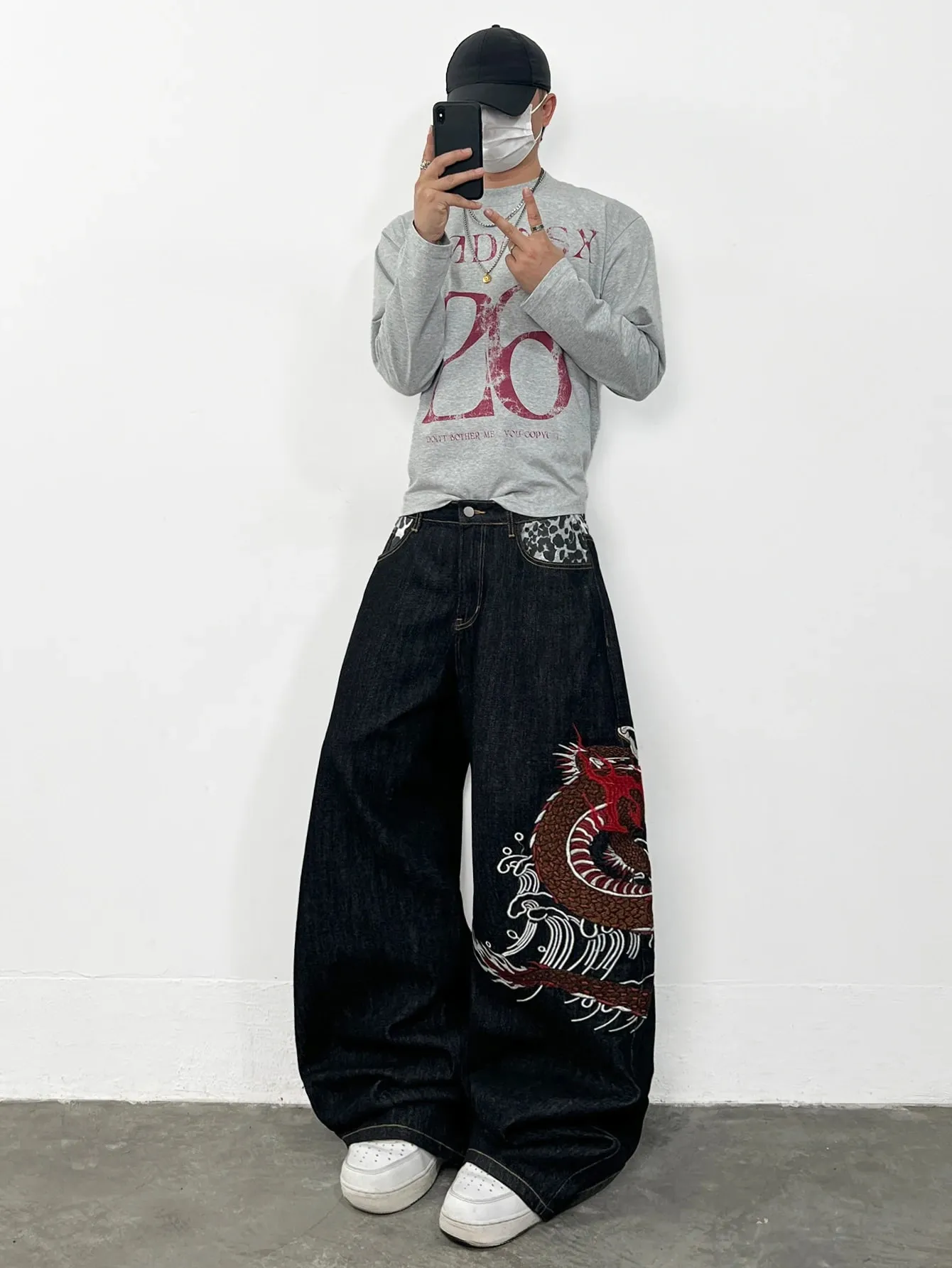 American Retro Dragon Embroidery Design Black Men's Loose Jeans Y2K Street Hip-Hop Trendy Versatile Wide-Leg Pants