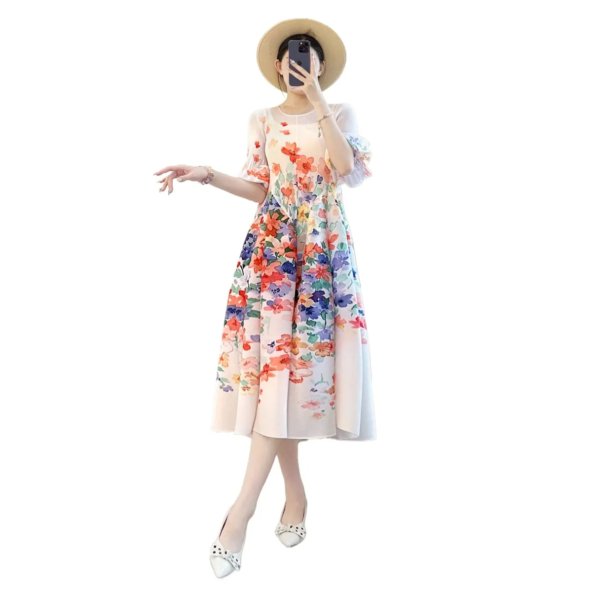 Miyake Elegante Pflanze Blumen Druck Plissee frauen Kleid Chic Neue Runde Kragen Laterne Hülse Elastische Lose Casual Kleider