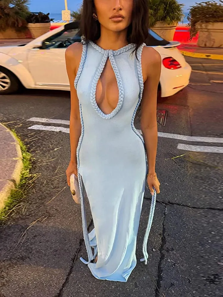 Women Elegant Maxi Dress Keyhole Neckline Braided Trim Sleeveless Backless High Slit Hem Solid Dresses 2026 Summer Fashion Gown — image 1