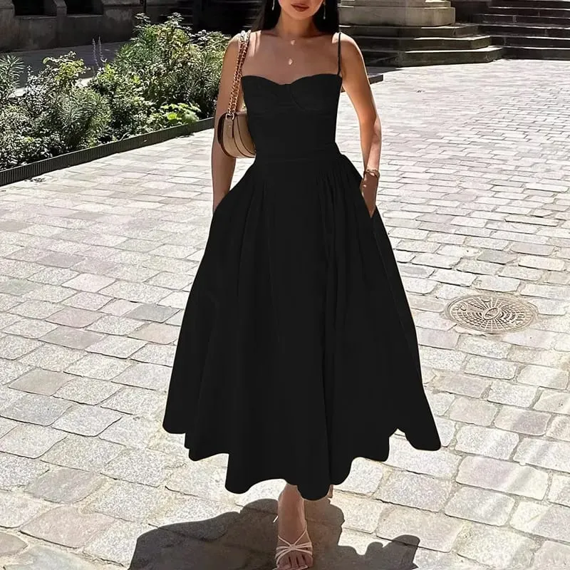 Plaid Printed Spaghetti Strap Sexy A-line Dress Women 2026 Elegant Summer Dress Backless Party Midi Dress Vestidos