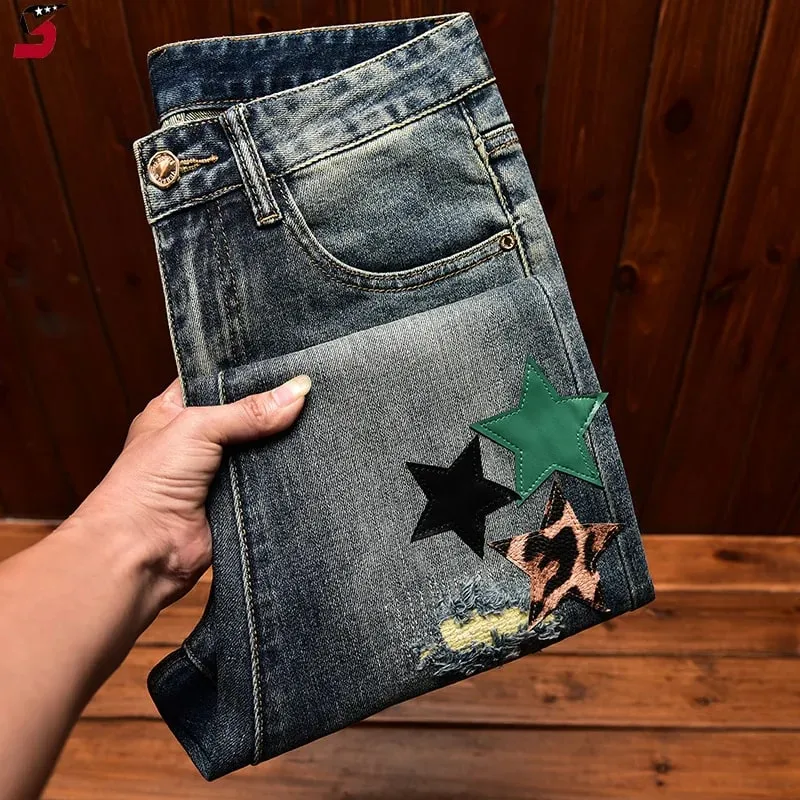 High Street Fashion Jeans Panlalaking Taglagas at Taglamig na Butas at Patch ng Damit Personality Star Patch Slim Fit Skinny Stretch Pants