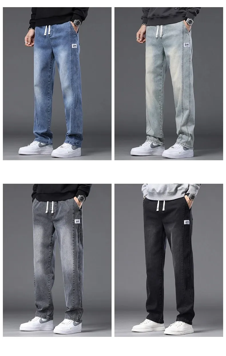Autumn Winter Blue Jeans Men Drawstring Elastic Waist Cotton Cargo Denim Pants Work Fashion Thick Trousers Male Plus Size M-4XL