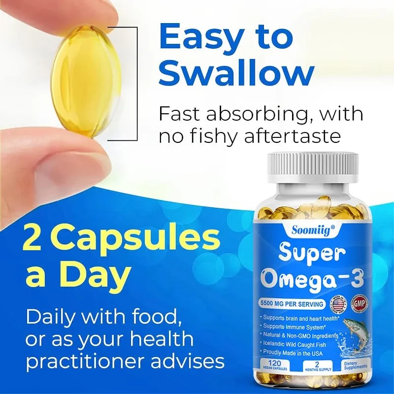 Cápsulas de triple potencia Aceite de pescado Omega-3 + DHA + EPA: apoya la salud de las articulaciones, el cerebro y los ojos Mejora la función inmune Antioxidante