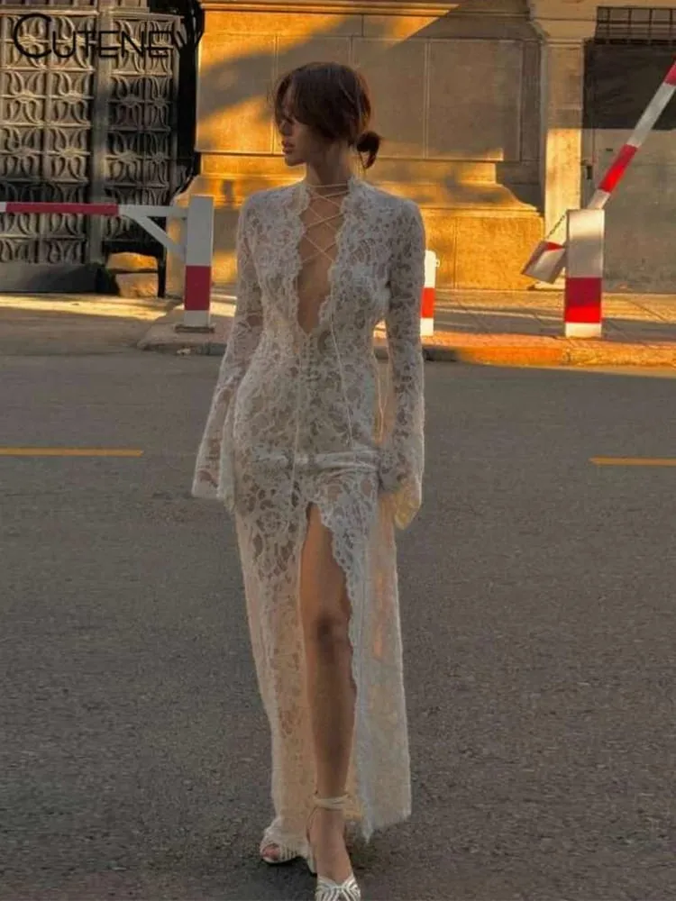 Cutenew Lace Sheer Women Maxi Dress Sexy Solid Fashion Long Sleeve O-neck Bandage Sheath Vestidos Female Stunning Nightout Robe