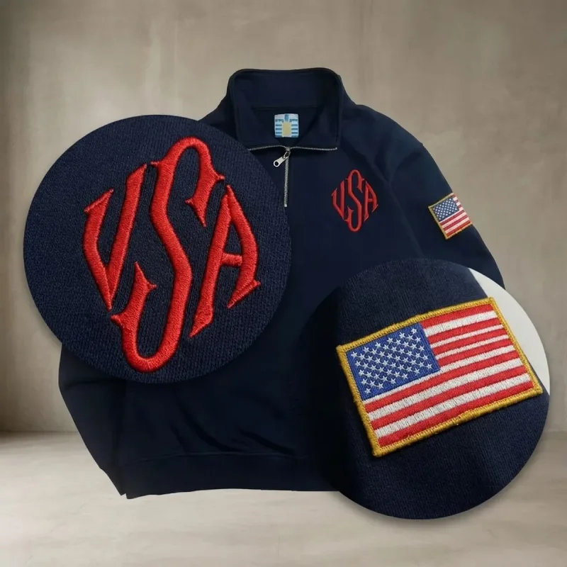 Y2K American Flag Embroider Hoodies Quarter Zip Sweatshirts Men Navy Blue White Pullover Patch Sleeve Streetwear Casual Sweater