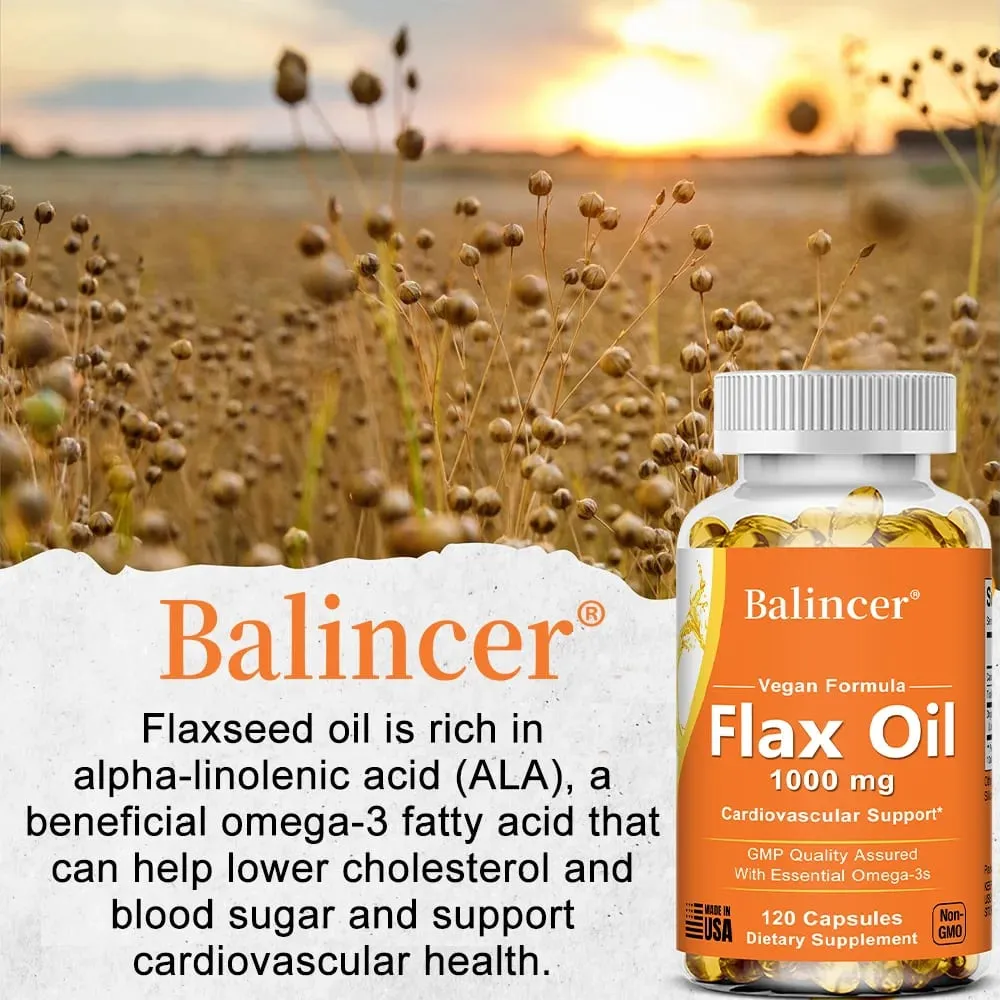 Flaxseed Oil 1000mg + Omega-3 Capsules Plant-Based Omega 3-6-9 Heart Brain Eye Joint Skin Immune & Cardiovascular Support