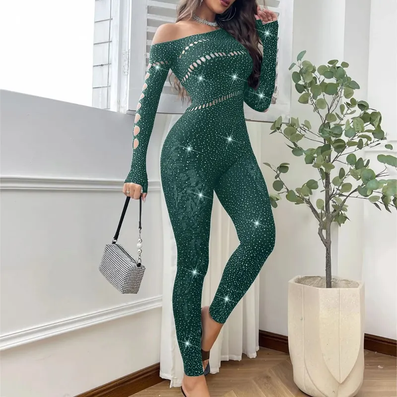 Mulheres sexy malha strass macacão manga longa ver através de alta estiramento corpo meias macacão clube plus size estoque lingerie