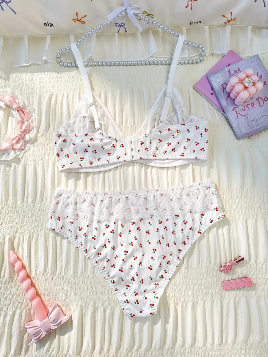 Plus Size Women Cherry Pattern Lace Underwire Bra And Panty Set Adjustable Straps Soft Unpadded Breathable Lingerie Set