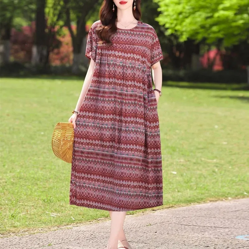 Yeni Moda Rahat 2026 Yaz Elbiseler Kadınlar Için Vintage Kısa Kollu O-Boyun Baskı Gevşek Çiçek Elbise Kadın Giysileri