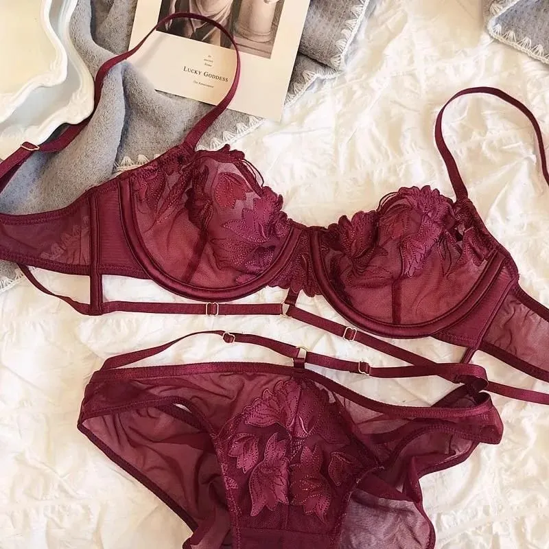 Sexy Lace Women Bra Push Up Underwear Brassiere and Panties Set Female Comfortable Lightweight Bow Semi Transparent Lingerie