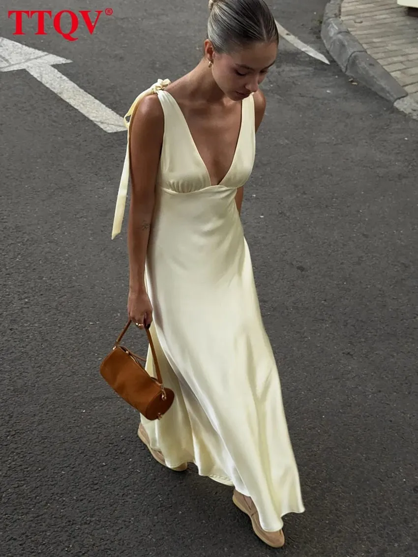 Sexy Loose Yellow Satin Women's Dress 2026 Summer V-Neck Sleeveless Maxi Dresses Elegant Classic Lace-Up Female Dress