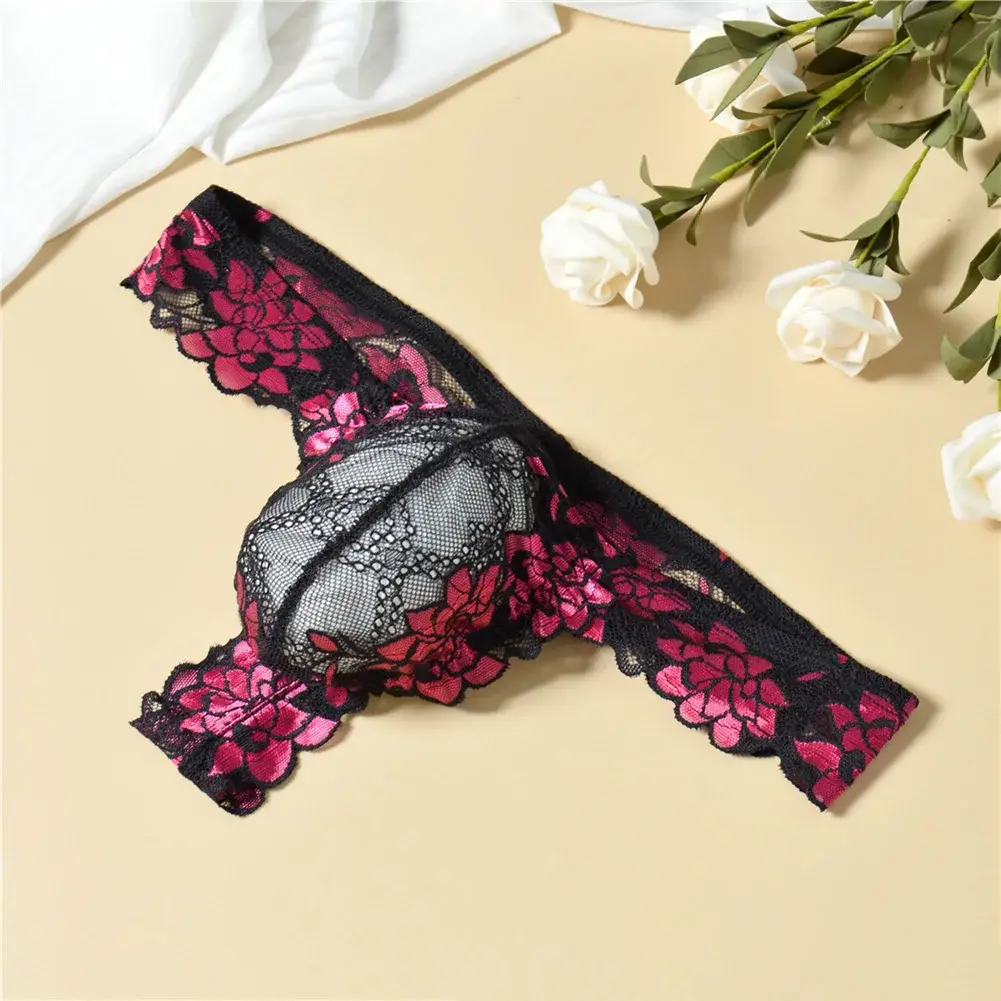 Men Floral Lace Thong Low Rise Elastic Waist G‑String Breathable See‑Through Floral Print Male Underwear Sexy Lingerie Panties
