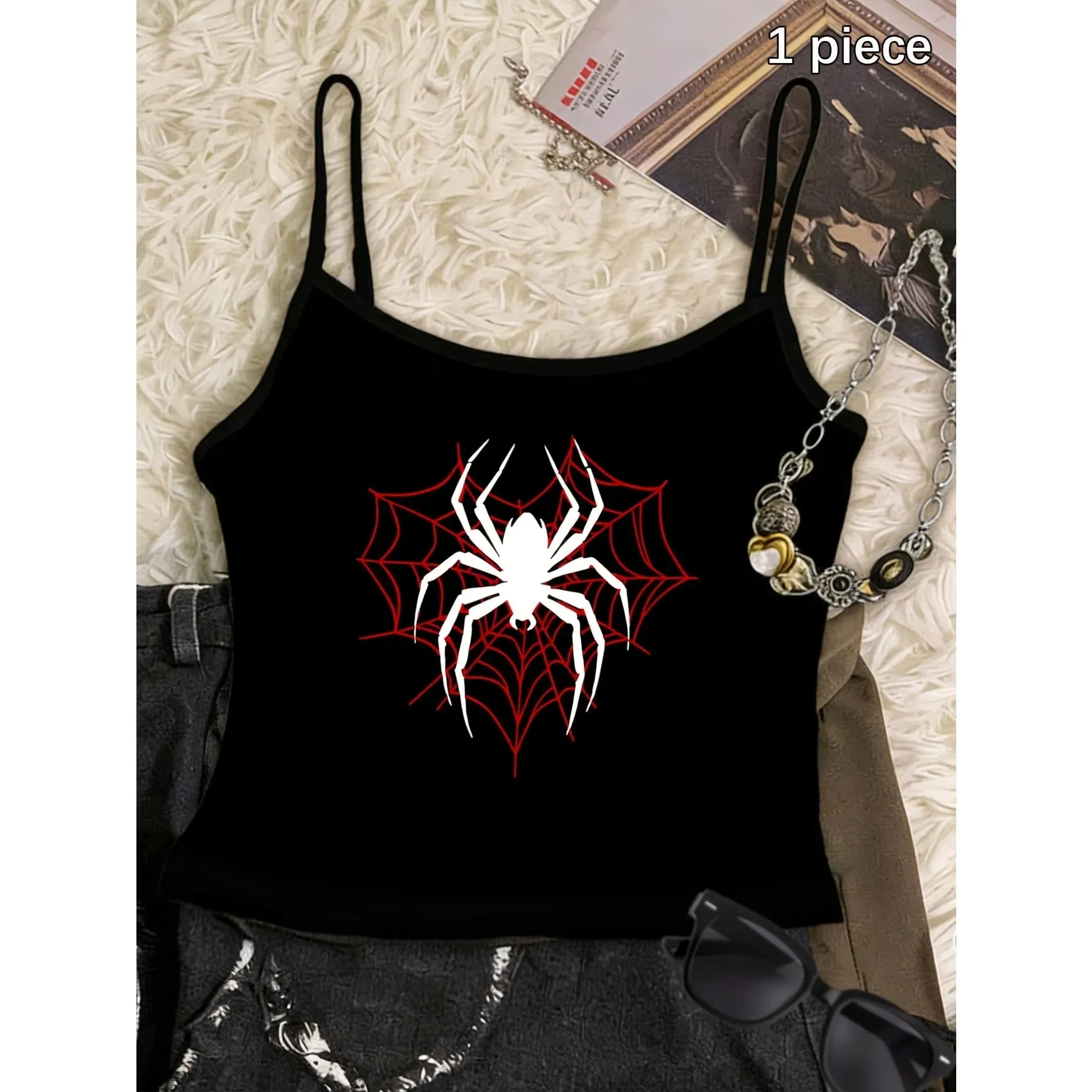 Y2k Camisole Top Hip Hop Spider Print Vintage Casual Crop Top Vest Wear Spring Summer Streetwear Women'S Tank Top