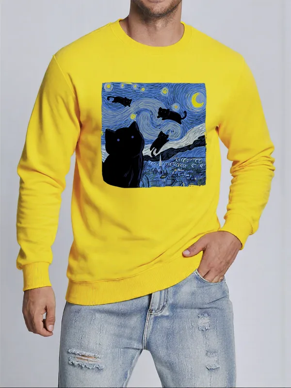 Van Gogh Starry Night Cat Printed Pullovers Unisex Thicken All-Match Sweatshirt Hip Hop Loose Hoodie Autumn Casual Sweatshirts