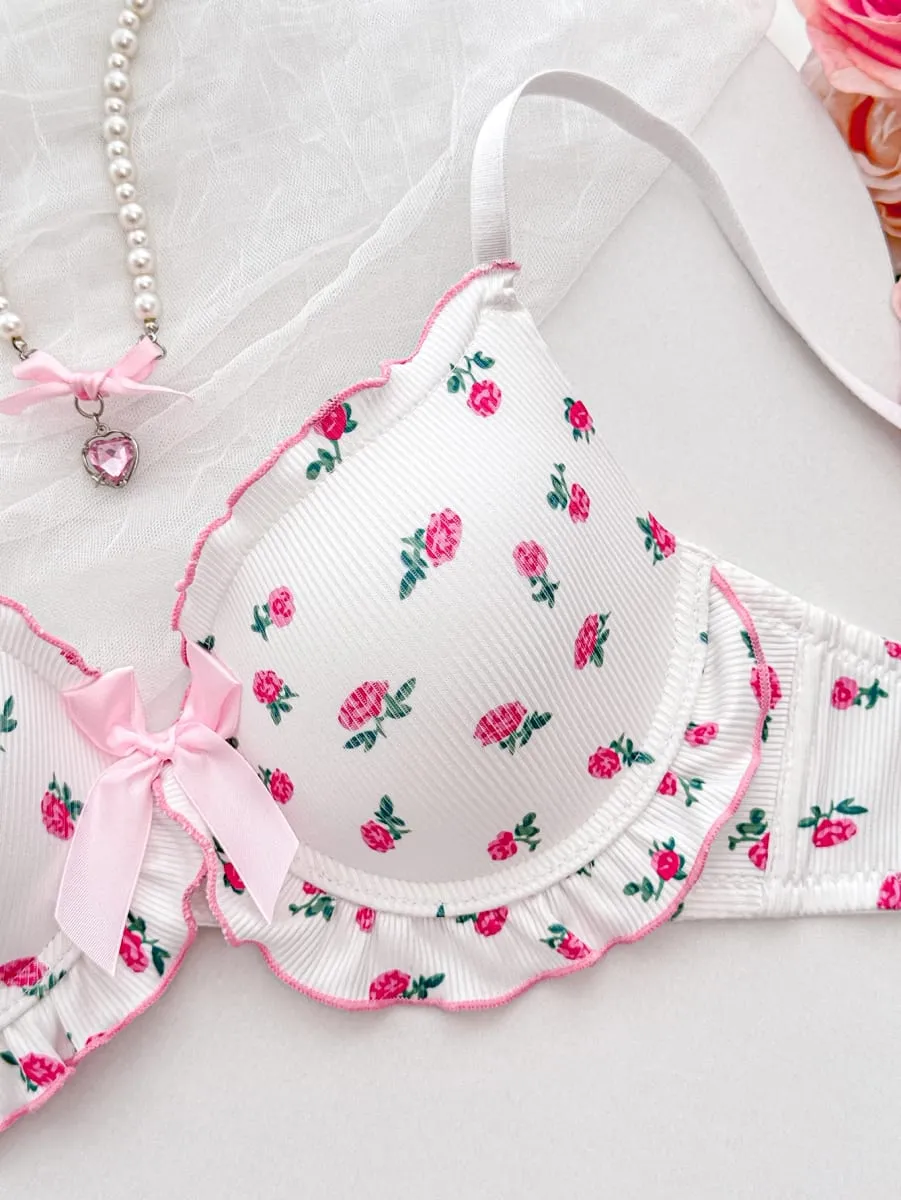 Cute Floral Pattern Women's Underwear Set Stylish Bow Ribbed Bra Soft Ladies Panties Ruffled Trim A B C D Cup Women's Bra