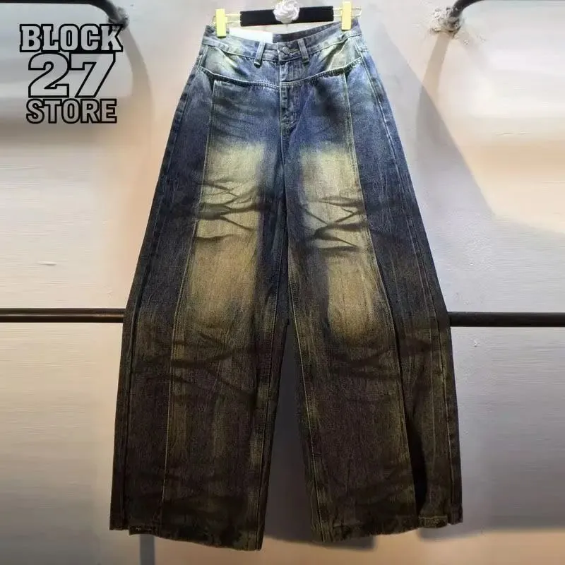Harajuku Vintage Graffiti Painted Baggy Jeans Men’s Loose Slimming Curved Blade Wide Leg Pants Streetwear Fashion Trendy Autumn
