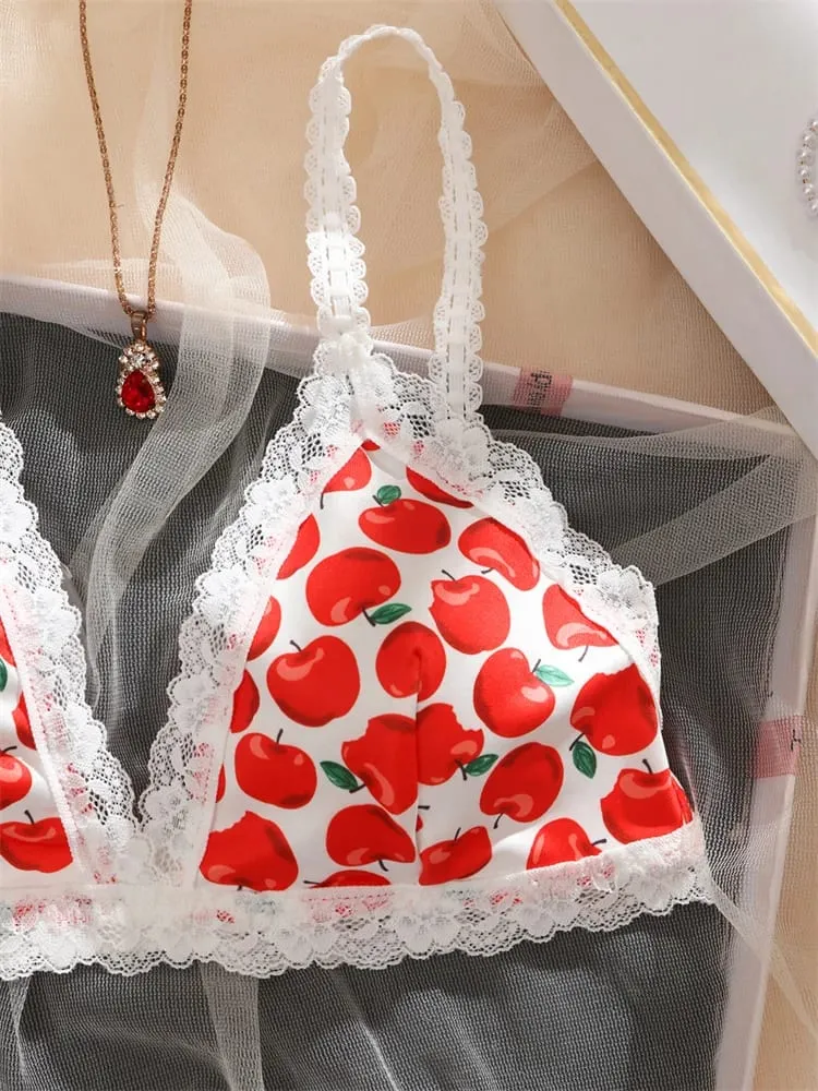 Ensemble de Lingerie imprimé pomme pour femmes, 2 pièces, soutien-gorge et string sans fil, Bralette, motif de fruits doux, sous-vêtements intimes en dentelle — image 4
