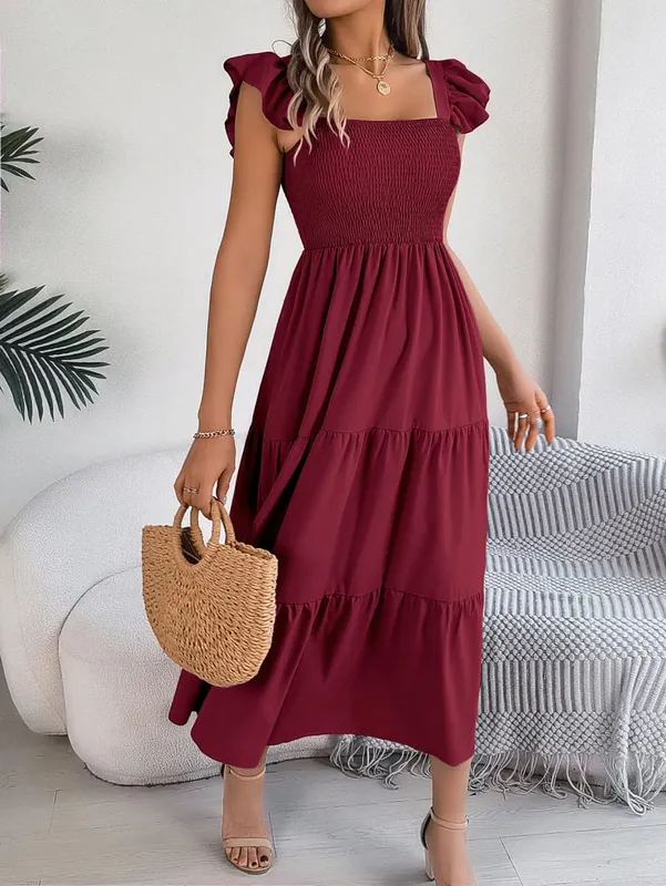 Msfilia Solid Sleeveless Square Collar A-Line Cinched Pleated Long Dress Women's Spring Summer Long Dresses