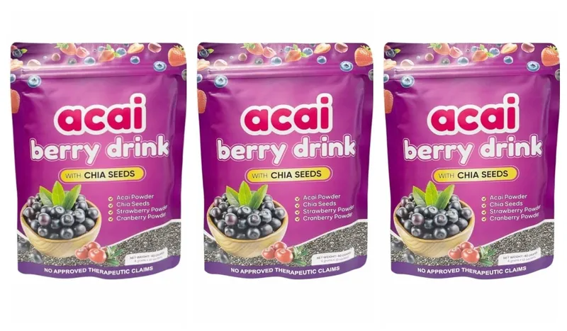 Acai Berry Drink Powder 10packs Per Bag with Chia Seeds and 7 Types of Berry Powders Improve Skin Condition & Enhance Immunity