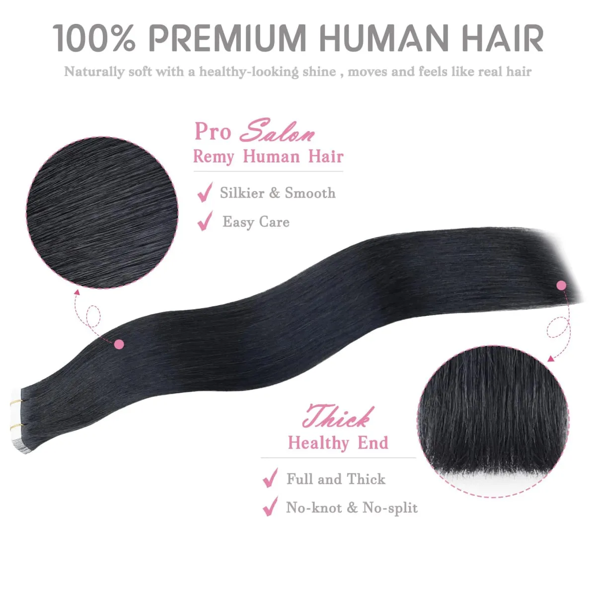 Tape in Hair Extensions Human Hair #1B 26Inch Invisible Seamless Tape for Hair Extensions Tape Ins Glue in Remy Human Hair for Women