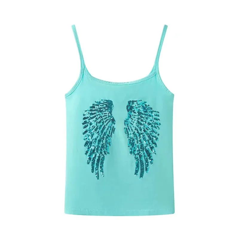 2026 Summer Women Y2K Vintage Sequin Angel Wings Back Print Spaghetti Strap Cami Top Slim Fit Casual Streetwear Party Tank Vest — image 9