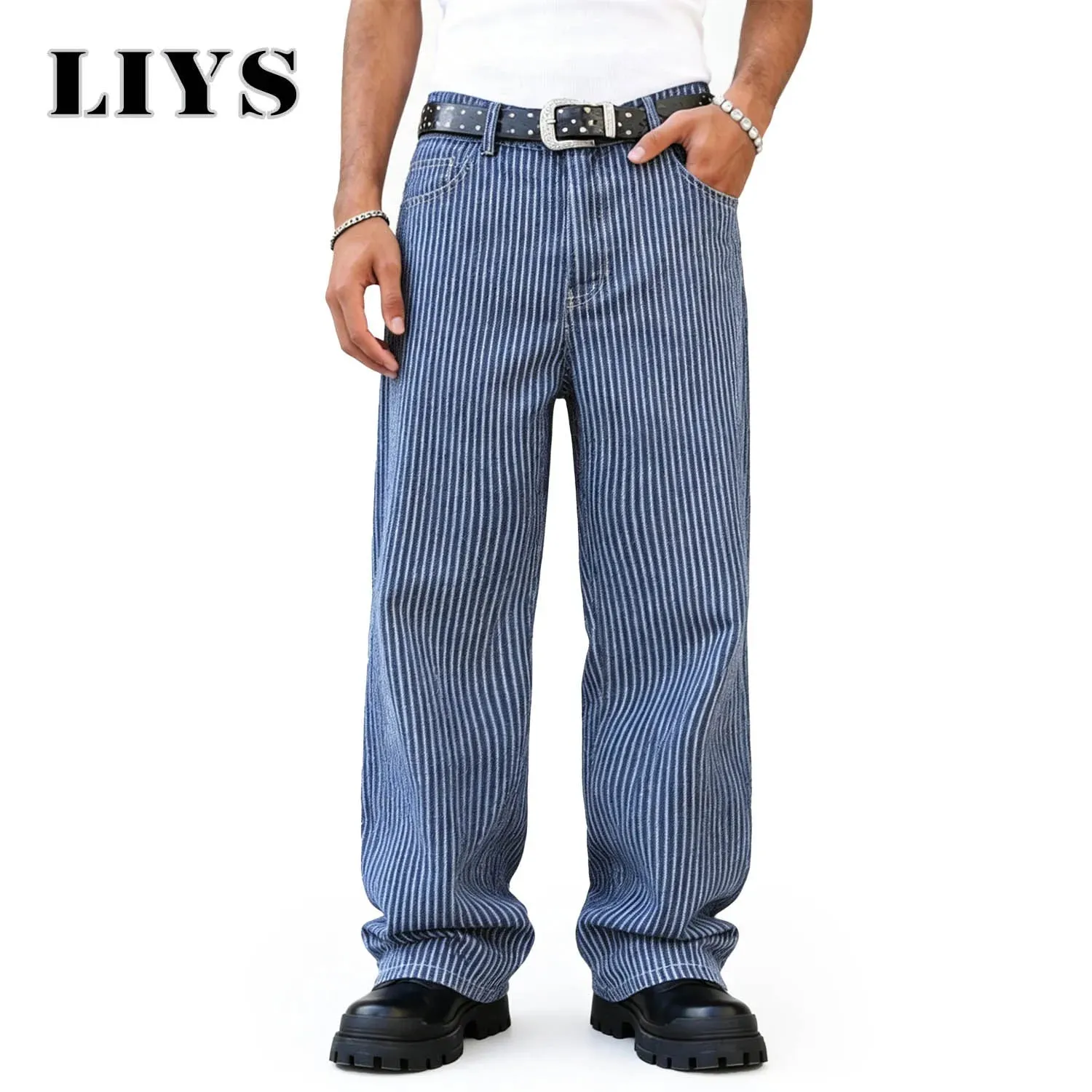 Men's American Fashion Brand Classic Retro Striped High Street Casual Lazy Business Wide Leg Straight Leg Jeans Oversized