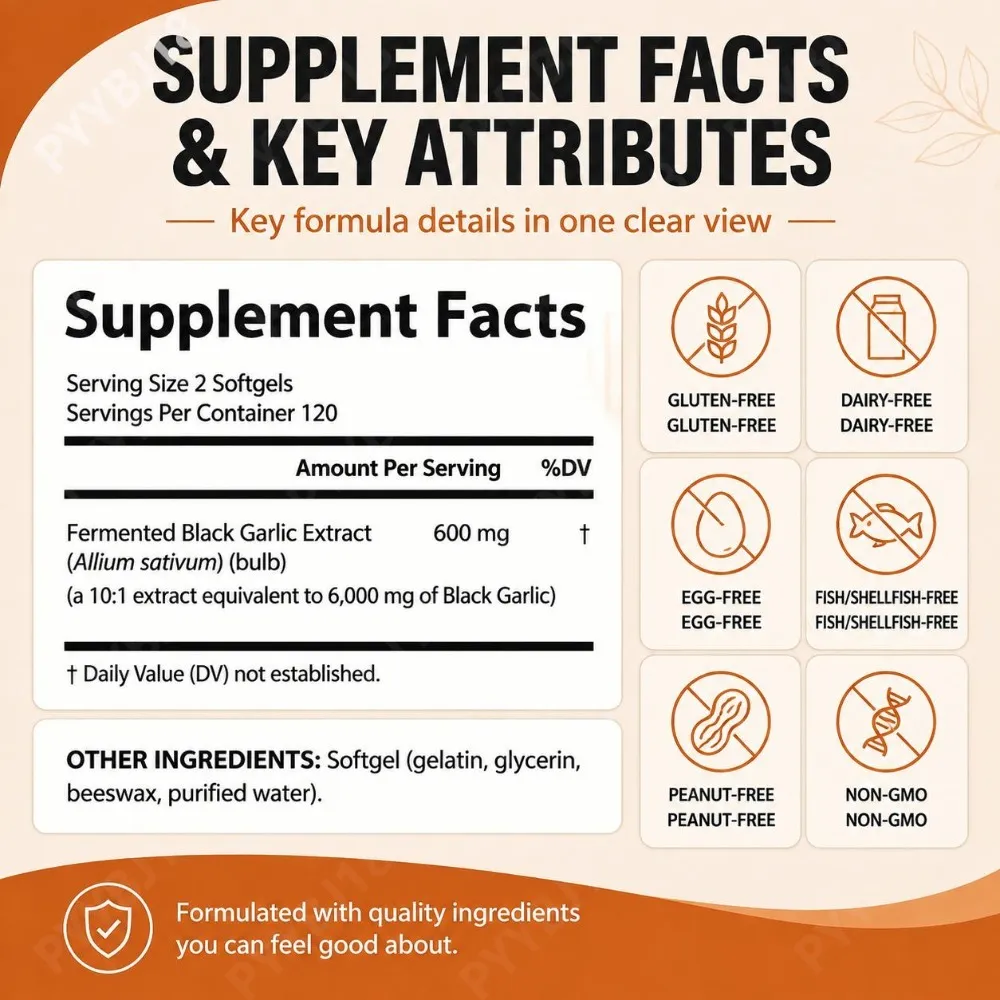 Fermented Black Garlic Extract Softgels 6000mg Equivalent Supplement for Daily Wellness Antioxidant Immune Support 240 Softgels