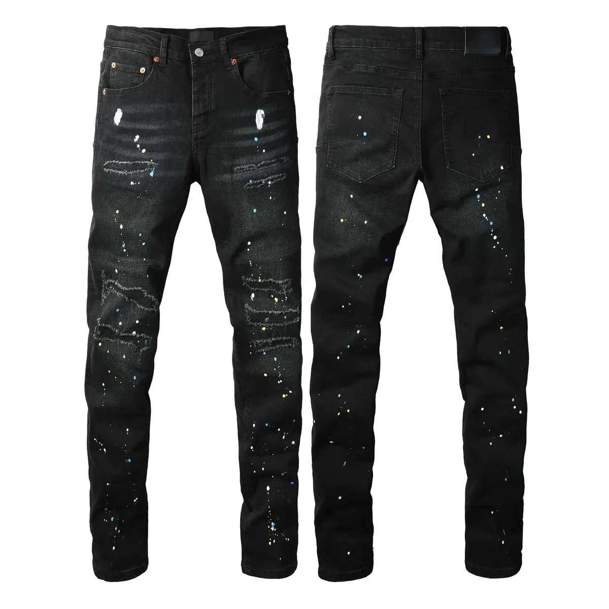 Men Jeans Fashion Americans High street Retro wash multiple styles graffiti print Low Rise Hole Patch Elastic Skinny Jeans pants