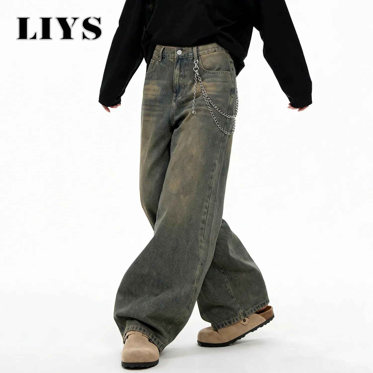 American Retro Baggy Wide Leg Jeans Men's Streetwear Distressed Y2K Clothing Casual Daily Four Seasons Denim Pants Unisex