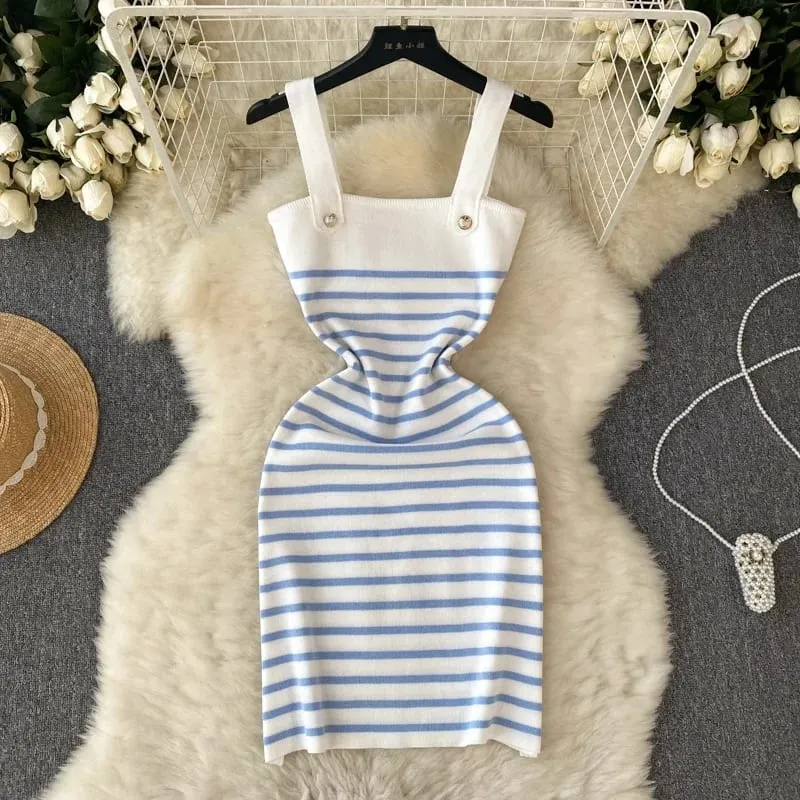 Women Striped Knit Sling Dress Blue White Wide Strap Metal Button Slim Fit Bodycon Mini Casual Summer Vacation Lady All Season