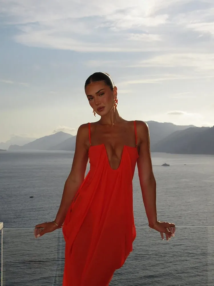 Vibrant Holiday Flowy Maxi Dress Deep U Chic Bohemian Chiffon Loose Fit Women Dresses Beach Vacation Summer Party Outfit