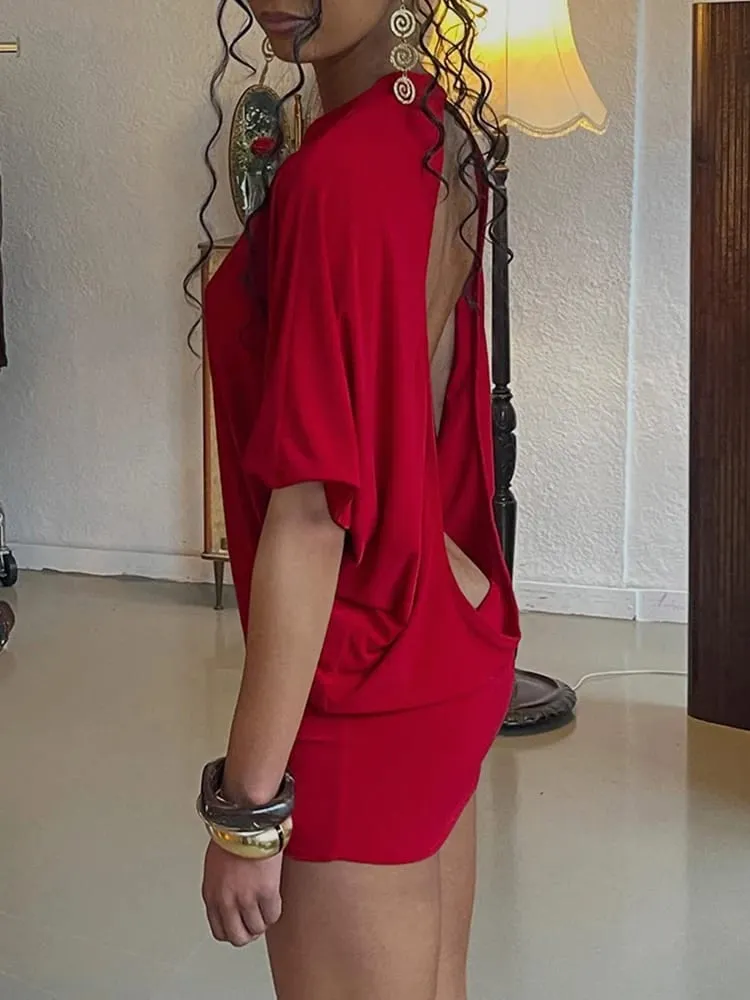Gaun Mini Wanita Punggung Terbuka Solid Cutenew Rok Pembentuk Tubuh Leher Kru Setengah Lengan Chic Seksi Musim Panas Tren Pakaian Pesta Sederhana Mujer